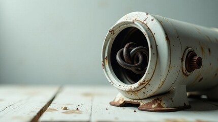 Poster - A weathered cylindrical mechanism with a visible internal coil, exhibiting signs of age and rust, rests on a rustic white wooden surface.