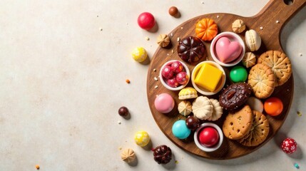 Poster - A delightful assortment of colorful confectionery and baked goods arranged on a wooden board, creating a vibrant and tempting still life.