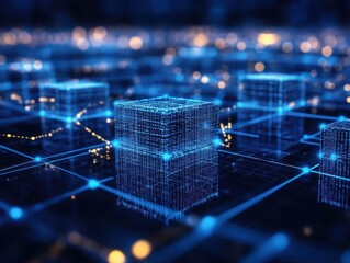 Poster - Abstract digital network with glowing cubes and lights