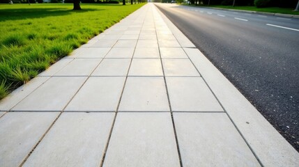 Poster - A sunlit pedestrian walkway seamlessly transitions into a smoothly paved roadway, bordered by lush green grass