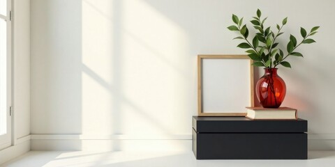 Poster - Minimalist interior scene with blank frame, book, and plant in a red vase on a black box