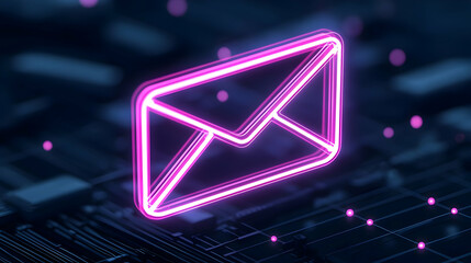 Poster - Neon Envelope Icon Floating Over Digital Circuit Background