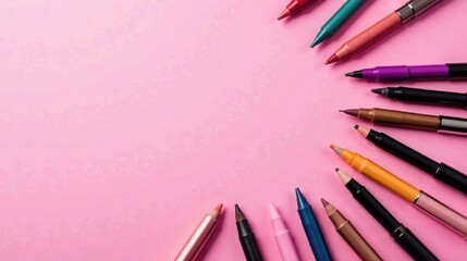 Poster - A Colorful Array of Writing Instruments Arranged on a Pink Surface, Providing Ample Space for Text or Design Elements