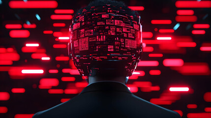 Poster - Futuristic Man with Technology Headgear in Red Neon Environment