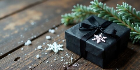 Poster - A sophisticated black gift box adorned with a black satin ribbon and a delicate snowflake rests on a rustic wooden surface, scattered with artificial snow, alongside a sprig of evergreen.