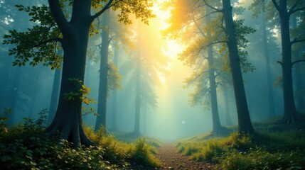 Poster - Sunlit Path Through a Mystical Foggy Forest with Lush Green Undergrowth and Tall Trees