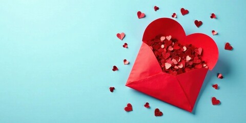 Aufkleber - Red heart-shaped envelope overflowing with tiny hearts on a light blue background