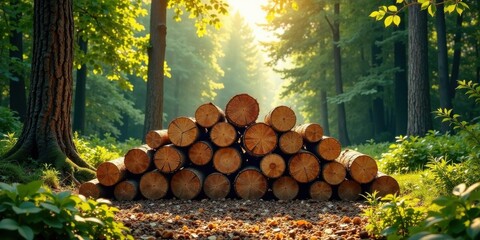 Poster - Sunlit Forest Scene A Pile of Logs in a Lush Woodland Setting