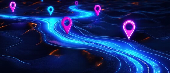 Poster - Futuristic map with glowing markers on winding road