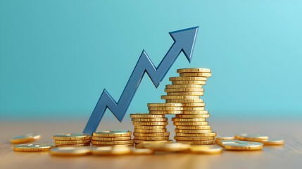 Poster - Growth Chart with Coins and Arrow on Wooden Surface