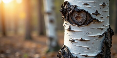 Aufkleber - Close-up view of a birch tree trunk, showcasing its distinctive bark texture and a unique knot formation in the sunlight