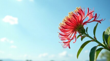 Poster - Vibrant Red Flower Blossom Against a Serene Blue Sky, a Stunning Display of Nature's Beauty
