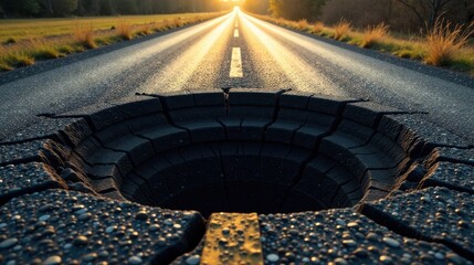 Poster - A Sunlit Road's Unexpected Crumbling Abyss A Journey Interrupted by a Deep Crack in the Asphalt