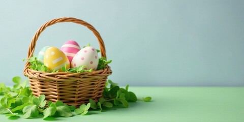 Poster - Pastel Decorated Eggs Nestled in a Wicker Basket Surrounded by Fresh Green Sprouts on a Light Green Surface