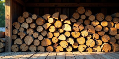 Aufkleber - Golden Hour Woodpile Stacked Logs in a Rustic Wooden Shed, Bathed in Warm Sunlight