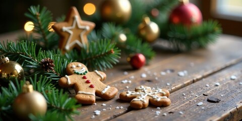 Aufkleber - A festive arrangement of gingerbread men and star-shaped cookies nestled amongst evergreen boughs and shimmering ornaments on a rustic wooden surface.