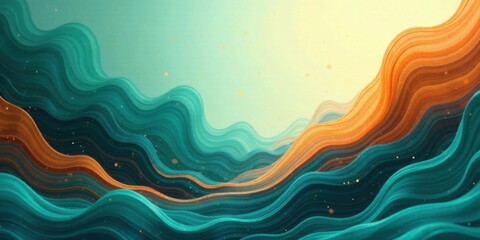 Poster - Abstract Teal and Amber Waves with Golden Dust Motes A Serene and Textured Digital Landscape