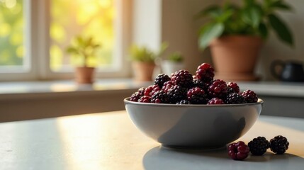 Poster - A bowl of ripe blackberries sits on a kitchen counter bathed in warm sunlight streaming through a nearby window.