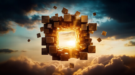 Poster - A vast structure made up of countless smaller cubes hovers in a limitless expanse, radiating light from within, casting a warm glow against a backdrop of swirling clouds