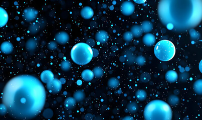 Poster - Blue Bubbles on Black Background with Glowing Effects and Sparkles