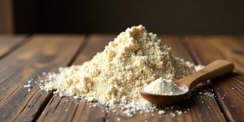 Leinwandbilder - A Delicate Mound of Granular Powder on Rustic Wood with Wooden Spoon