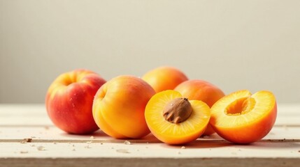 Poster - A delightful arrangement of ripe apricots, showcasing their vibrant colors and juicy textures on a rustic white surface