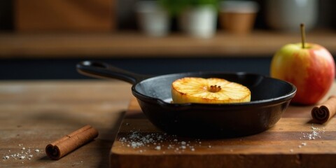 Poster - A Sliced Apple, Roasted to Perfection in a Cast Iron Pan, with Cinnamon Sticks Nearby on a Wooden Cutting Board