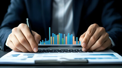 Poster - Business Analyst Reviewing Data Trends on Laptop with Charts Display