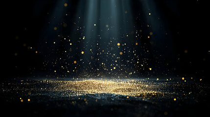 Poster - Sparkling Golden Particles in Dramatic Light Rays on Dark Background