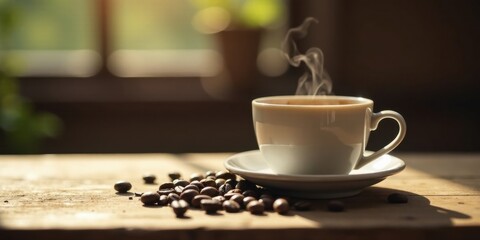 Poster - Aromatic Coffee in a White Cup with Roasted Beans on Wooden Table in Warm Sunlight