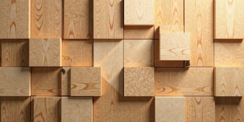 Aufkleber - Abstract Wooden Block Wall Panel Design Featuring Interlocking Light Brown Squares and Rectangles