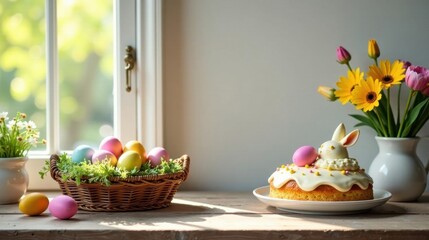 Poster - A delightful Easter scene featuring a basket of pastel eggs, a bunny-shaped cake, and a vase of spring flowers, all bathed in warm sunlight on a wooden surface.