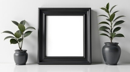 Aufkleber - Elegant Black Frame Mockup with Lush Greenery in Dark Vases on White Surface