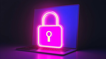 Poster - Neon Pink Lock Illustration on Laptop Screen for Cybersecurity Concept