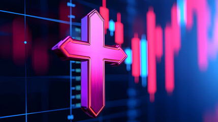 Poster - Digital Cross Symbol with Stock Market Chart on Blue Background