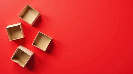 Poster - empty cardboard boxes on vibrant red background, ready for packaging and delivery