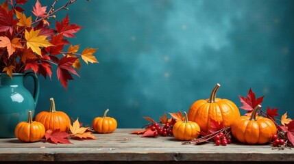 Poster - Autumnal Still Life Featuring Pumpkins and Vibrant Fall Foliage Arranged on Rustic Wooden Table Against a Teal Background