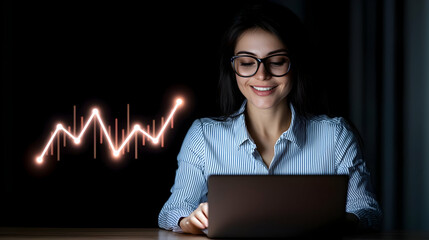 Poster - Woman Analyzing Data on Laptop with Graph in Dark Room