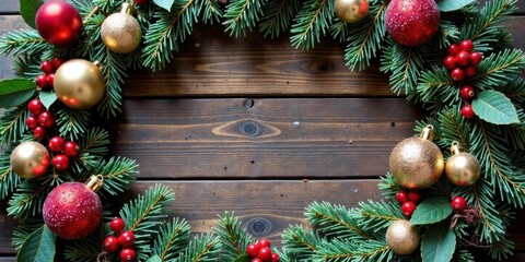 Aufkleber - Festive Evergreen Wreath with Red and Gold Ornaments on Rustic Wooden Background