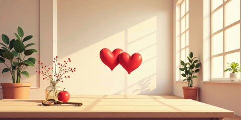 Poster - Serene Interior Scene with Two Intertwined Hearts, Plants, Fruit, and Key on Wooden Table
