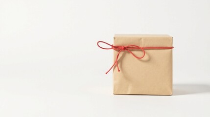 Poster - A simple brown gift package tied with a vibrant red ribbon, presented against a clean white backdrop, ready for a special occasion