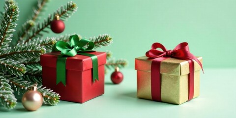 Aufkleber - Festive Season Presents with Evergreen Branches and Ornaments on a Mint Green Background