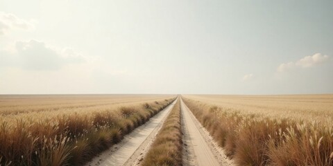 Aufkleber - A Sandy Track Cuts Through a Vast Golden Field Under a Pale Sky