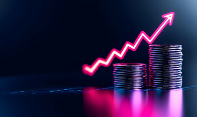 Poster - Growth in Finance with Coins and Upward Arrow on Dark Background
