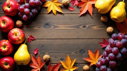 Aufkleber - Autumnal Harvest Bounty A Rustic Wooden Table Framed by Colorful Leaves, Juicy Apples, Plump Grapes, and Sweet Pears
