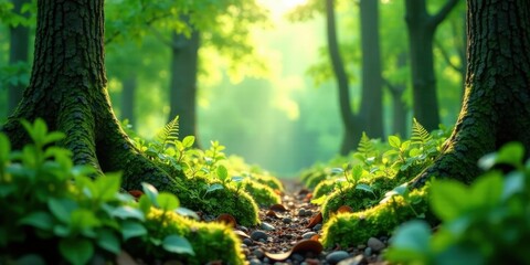 Poster - Serene Forest Path Sunlight Dappled Through Ancient Trees, Mossy Roots, and Lush Undergrowth