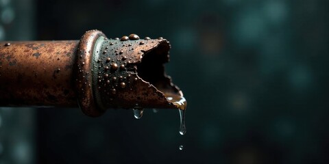 Poster - A Damaged Copper Pipe Leaks Water, Showing Signs of Corrosion and Age