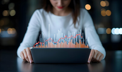 Poster - Young woman using tablet with dynamic analytics and graphs displayed