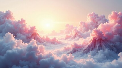 Poster - A Serene Panorama of Peaks Emerging from Dreamlike Clouds at Sunset