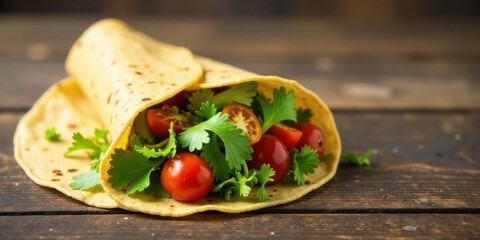 Poster - A wholesome flatbread wrap filled with vibrant cherry tomatoes and fresh cilantro, resting on a rustic wooden surface.